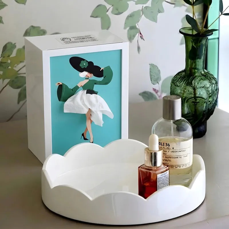 Tissue Box Cover with Dress Illustration | Touch-Sensitive Ambient Light | ABS, 20 x 15 x 10 cm, Ballerina or Couture Insert