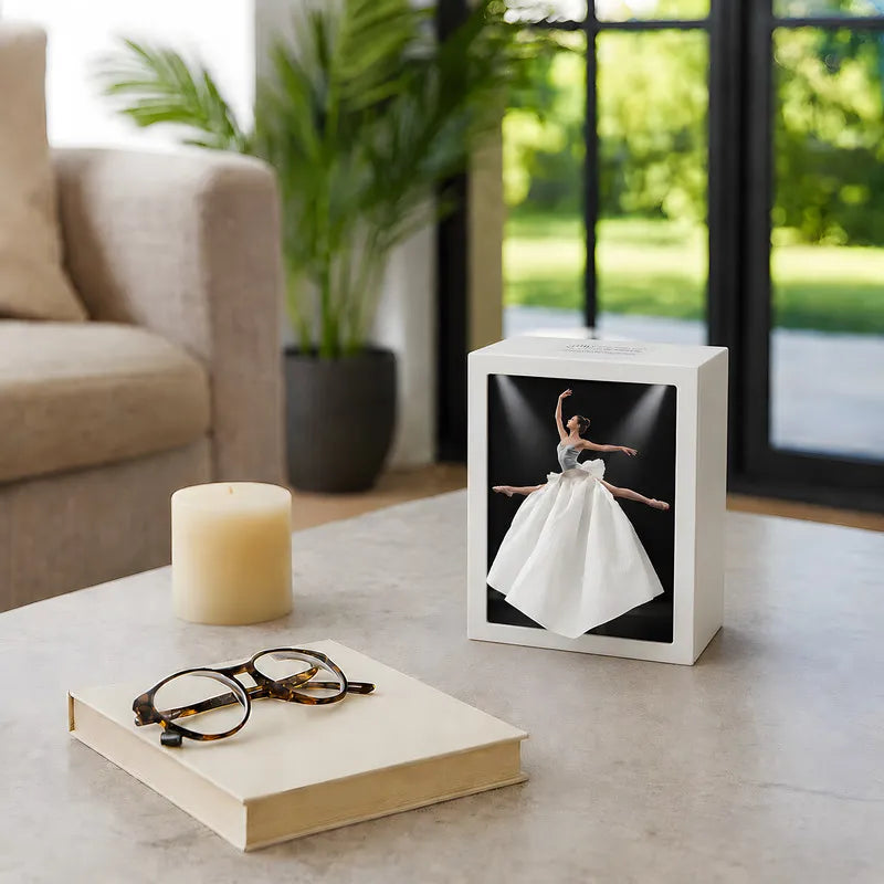 Tissue Box Cover with Dress Illustration | Touch-Sensitive Ambient Light | ABS, 20 x 15 x 10 cm, Ballerina or Couture Insert