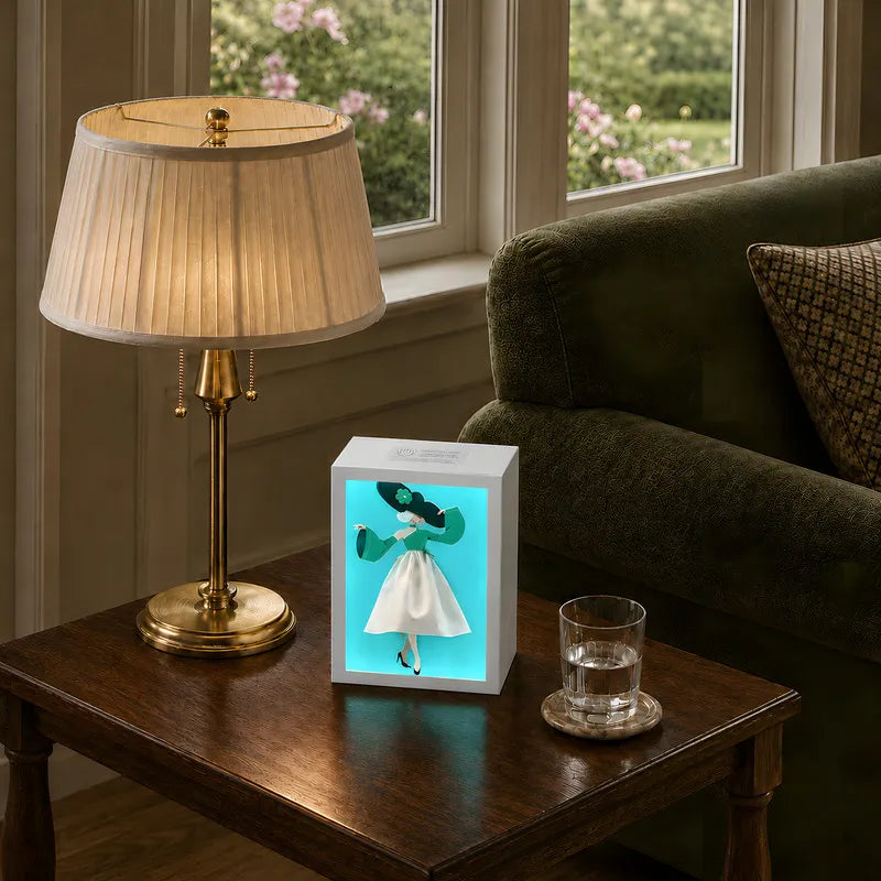 Tissue Box Cover with Dress Illustration | Touch-Sensitive Ambient Light | ABS, 20 x 15 x 10 cm, Ballerina or Couture Insert