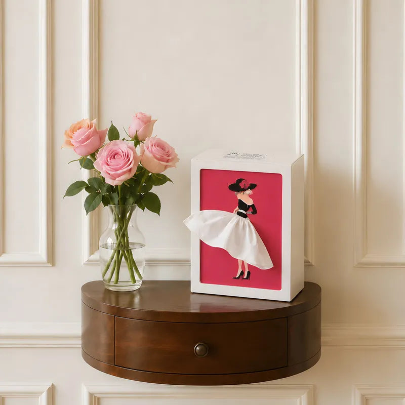 Tissue Box Cover with Dress Illustration | Touch-Sensitive Ambient Light | ABS, 20 x 15 x 10 cm, Ballerina or Couture Insert