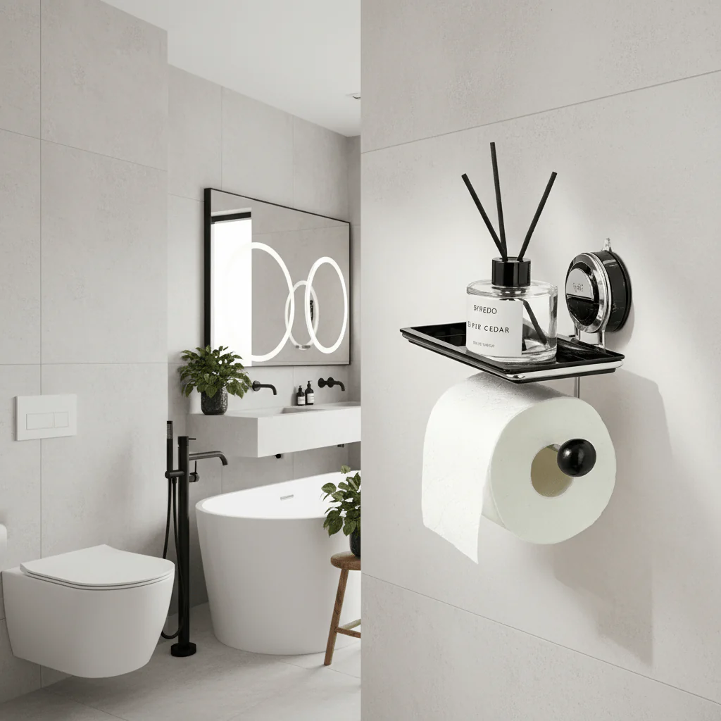 Toilet Paper Holder | Top Tray Shelf, Lever Suction Mount