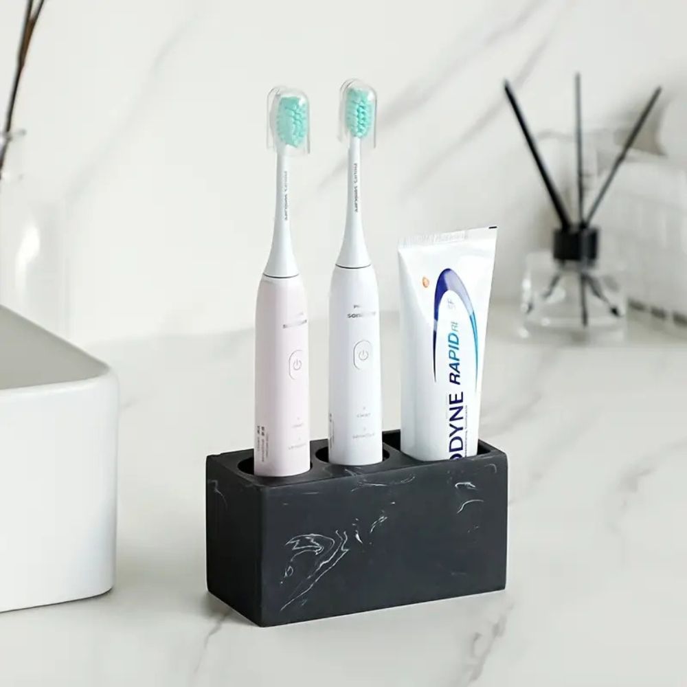 Toothbrush Holder Resin 14 x 6 x 9 cm | Matte Finish Freestanding Design | Charcoal Swirl & Ivory Swirl Bathroom Organizer