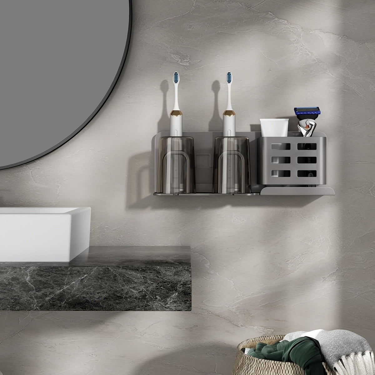 Toothbrush Holder | Two Upright Cups, Slotted Side Basket