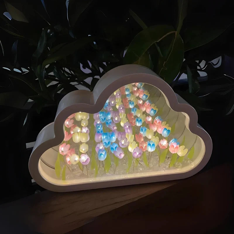 Tulip Cloud Night Light Acrylic | Mirrored Infinity Effect | 20 Warm White Tulips, Cordless, Medium & Large, 50-Hour Battery