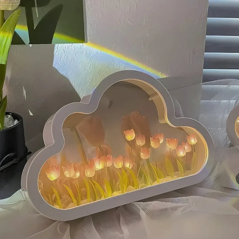 Tulip Cloud Night Light Acrylic | Mirrored Infinity Effect | 20 Warm White Tulips, Cordless, Medium & Large, 50-Hour Battery
