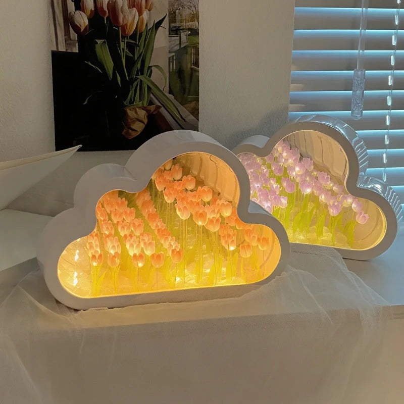 Tulip Cloud Night Light Acrylic | Mirrored Infinity Effect | 20 Warm White Tulips, Cordless, Medium & Large, 50-Hour Battery