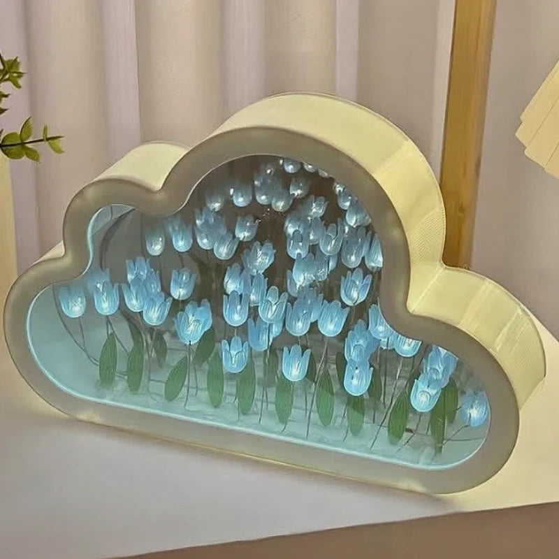 Tulip Cloud Night Light Acrylic | Mirrored Infinity Effect | 20 Warm White Tulips, Cordless, Medium & Large, 50-Hour Battery