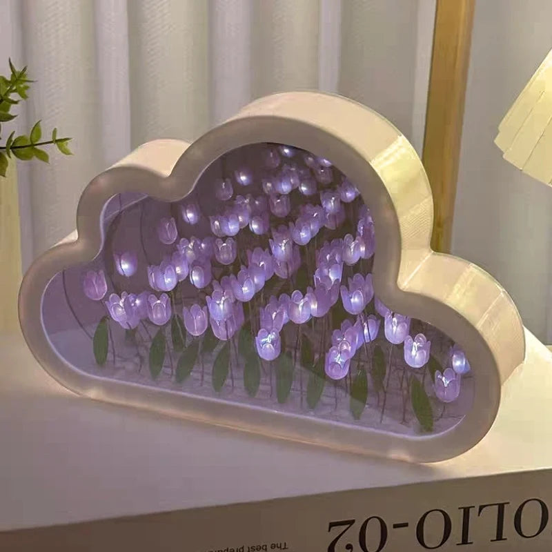 Tulip Cloud Night Light Acrylic | Mirrored Infinity Effect | 20 Warm White Tulips, Cordless, Medium & Large, 50-Hour Battery