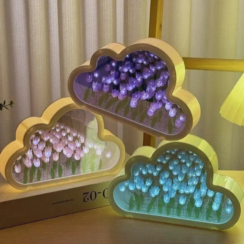 Tulip Cloud Night Light Acrylic | Mirrored Infinity Effect | 20 Warm White Tulips, Cordless, Medium & Large, 50-Hour Battery