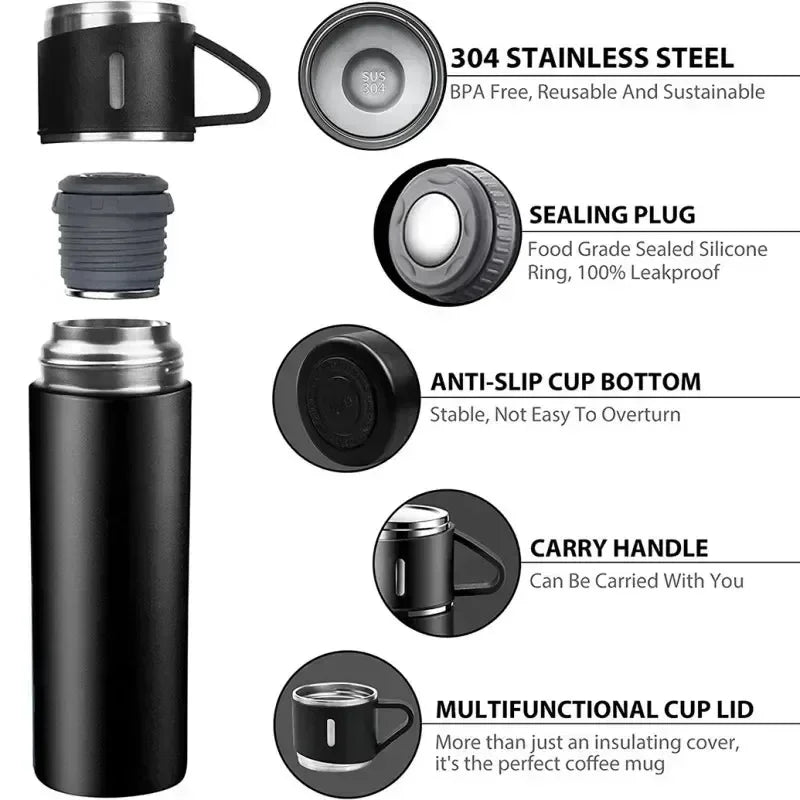 Vacuum Insulated Travel Mug Stainless Steel | 500ml Leak-Resistant Coffee Bottle | Keeps Drinks Hot or Cold for Hours
