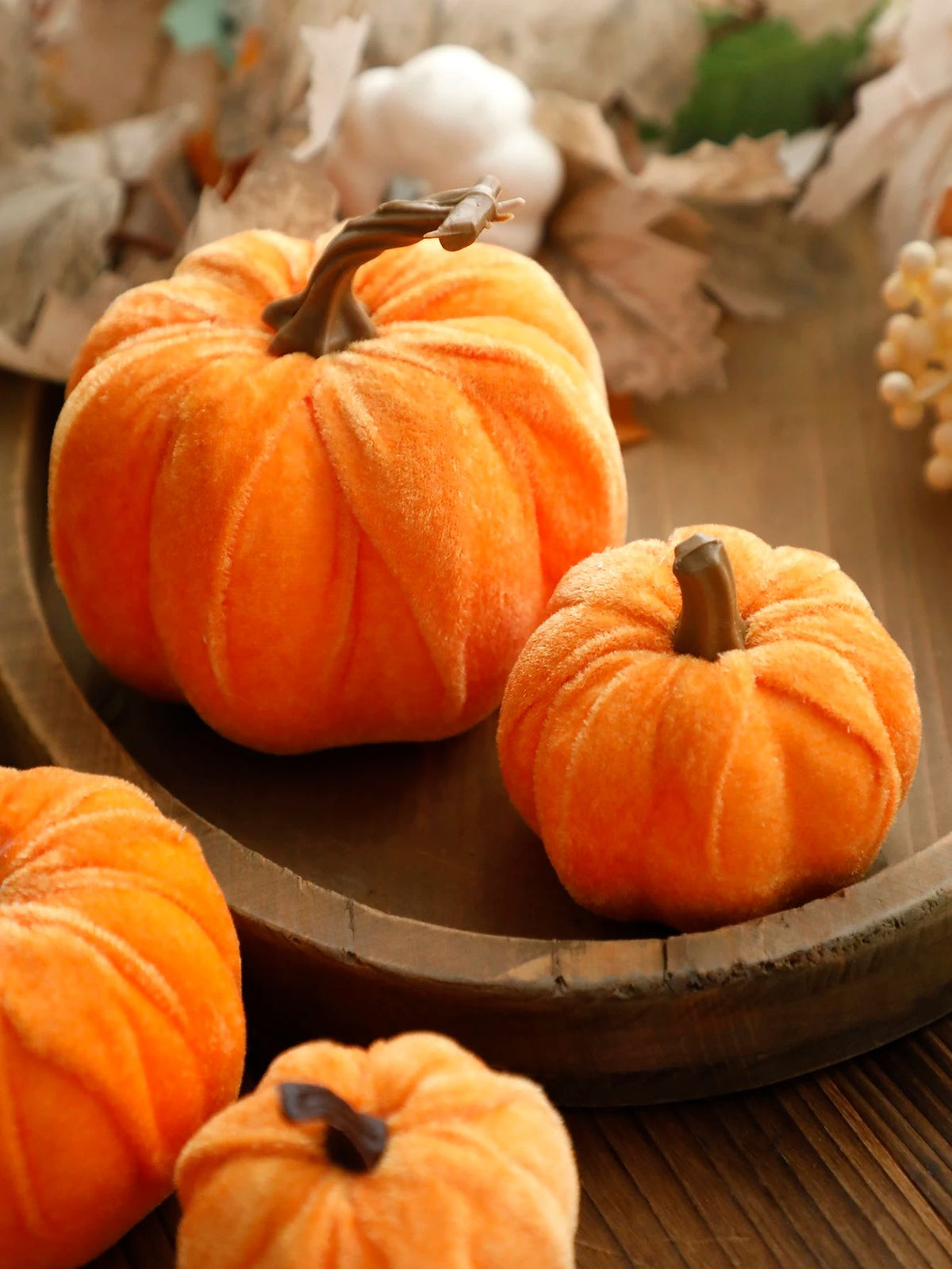 Velvet Artificial Pumpkin Autumn Décor | Plush Textured Shell with Decorative Stem | Reusable Foam-Filled Design