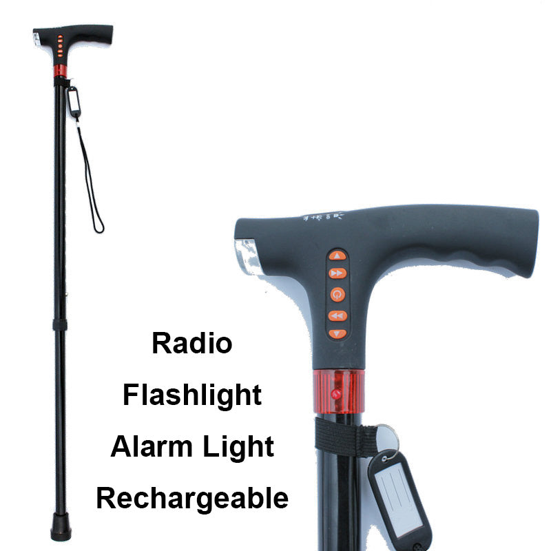 Walking Stick for Elderly | LED Torch & SOS Alarm | Adjustable 73-95.5 cm Foldable Aluminium Alloy Cane with Radio, 500 g