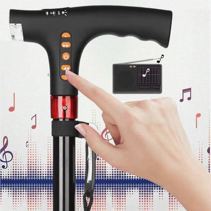 Walking Stick for Elderly | LED Torch & SOS Alarm | Adjustable 73-95.5 cm Foldable Aluminium Alloy Cane with Radio, 500 g