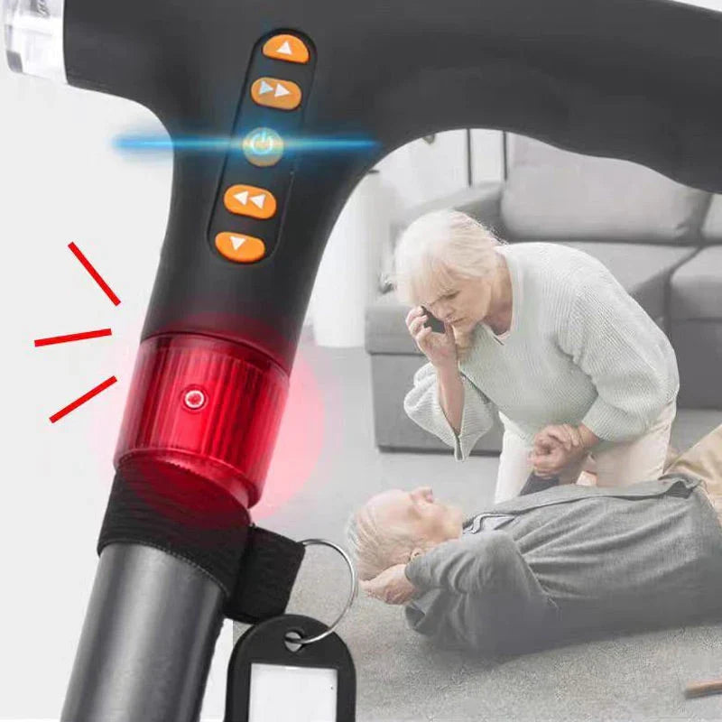Walking Stick for Elderly | LED Torch & SOS Alarm | Adjustable 73-95.5 cm Foldable Aluminium Alloy Cane with Radio, 500 g