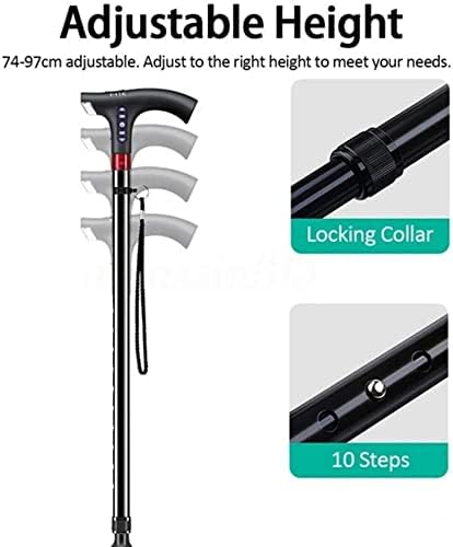 Walking Stick for Elderly | LED Torch & SOS Alarm | Adjustable 73-95.5 cm Foldable Aluminium Alloy Cane with Radio, 500 g