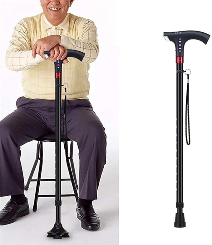Walking Stick for Elderly | LED Torch & SOS Alarm | Adjustable 73-95.5 cm Foldable Aluminium Alloy Cane with Radio, 500 g