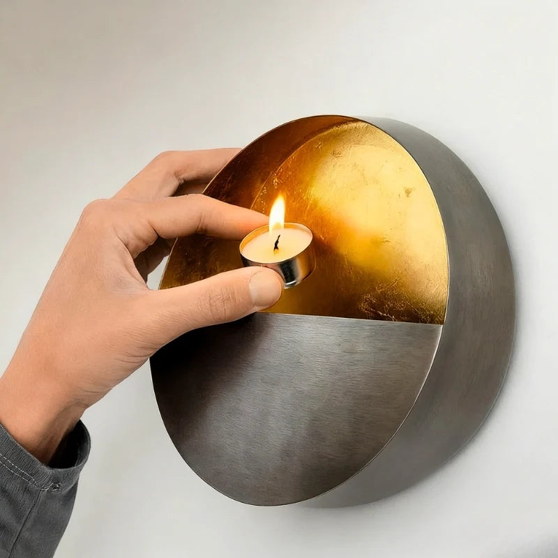 Wall Candle Holder Iron 20.5 x 8 cm | Hand-Hammered Gold Interior | Reflects Candlelight for Warm Ambient Glow