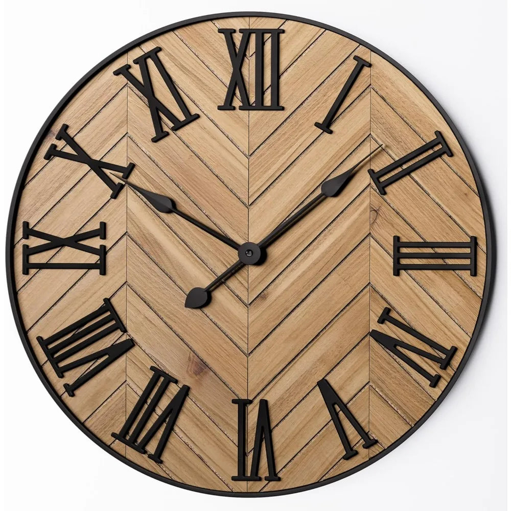 Wall Clock Metal and Wood | Roman Numerals, Rustic-Modern Style | Silent Operation, Battery Powered, 24-Inch Diameter