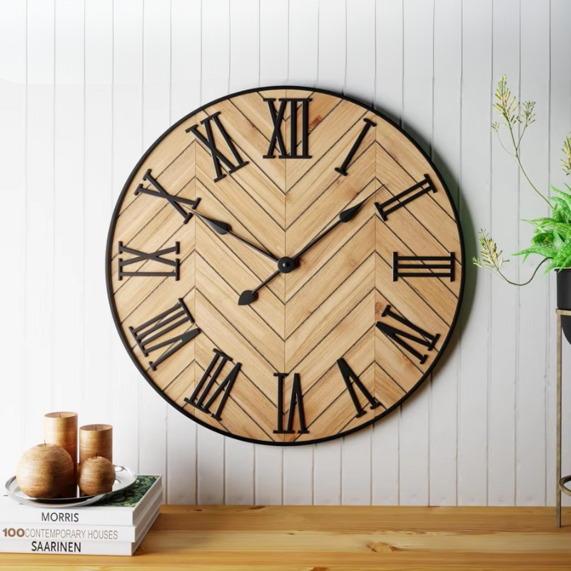 Wall Clock Metal and Wood | Roman Numerals, Rustic-Modern Style | Silent Operation, Battery Powered, 24-Inch Diameter