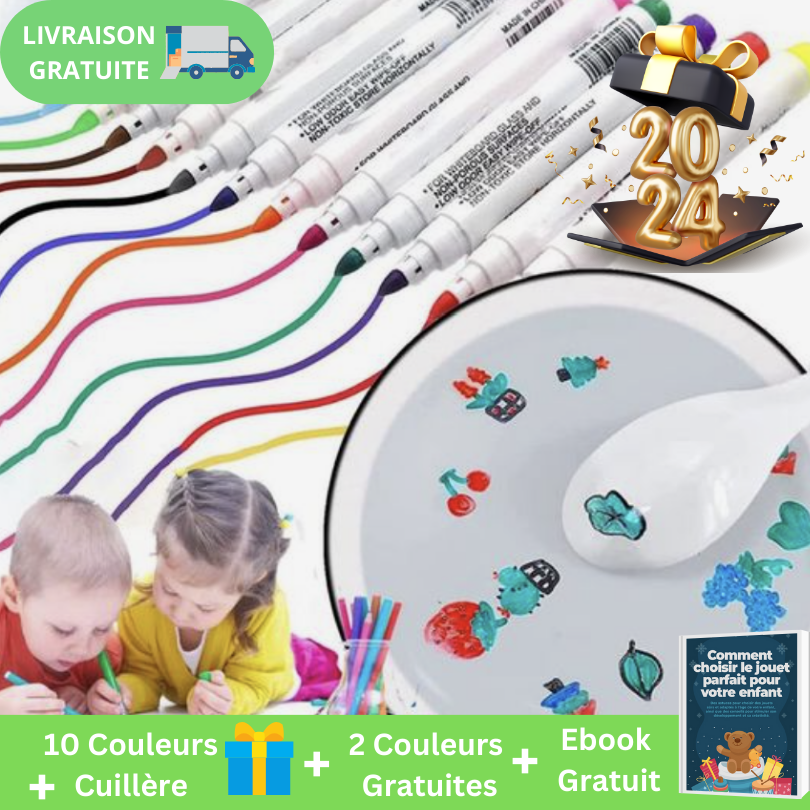 Water Marker Set 8 or 12 Pack | Ceramic Magic Spoon Included | Mess-Free Water-Floating Art & Temporary Tattoos