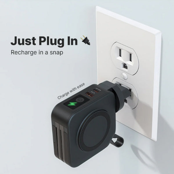 Wireless Charger Power Bank 5-in-1 Wall Plug Qi-Compatible with Built-In Cables