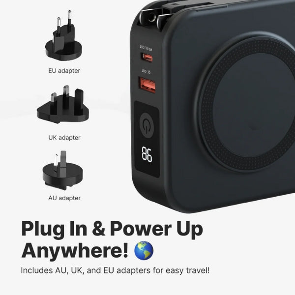 Wireless Charger Power Bank 5-in-1 Wall Plug Qi-Compatible with Built-In Cables