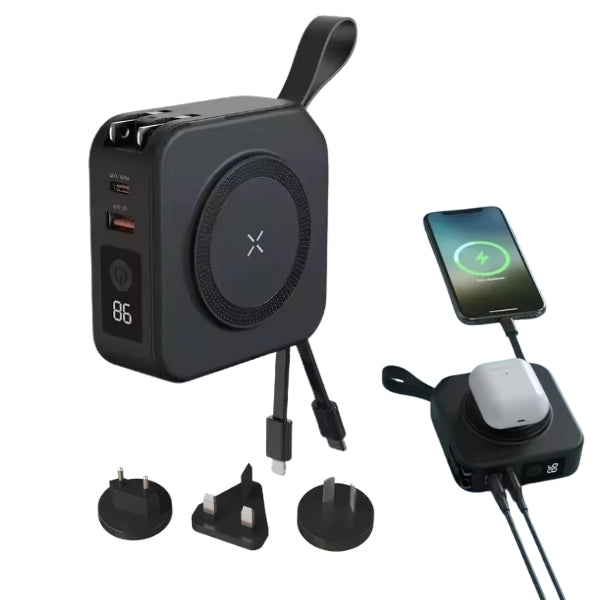 Wireless Charger Power Bank 5-in-1 Wall Plug Qi-Compatible with Built-In Cables