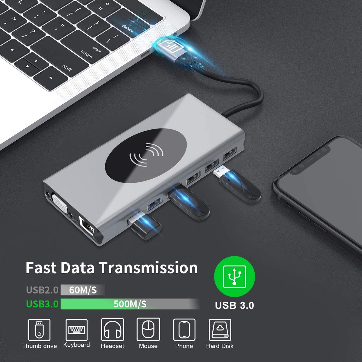 Wireless Charging Dock USB-C 15-in-1 Aluminium Alloy with 4K HDMI Output