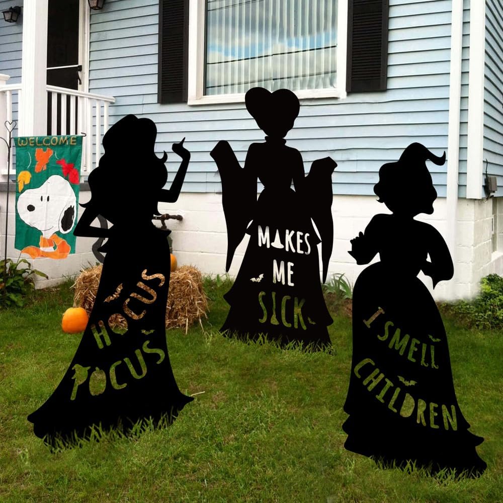 Witch Sisters Halloween Yard Decor Set | 3 Signs, 6 Stakes, Instruction Manual | Weather-Resistant Corrugated Plastic