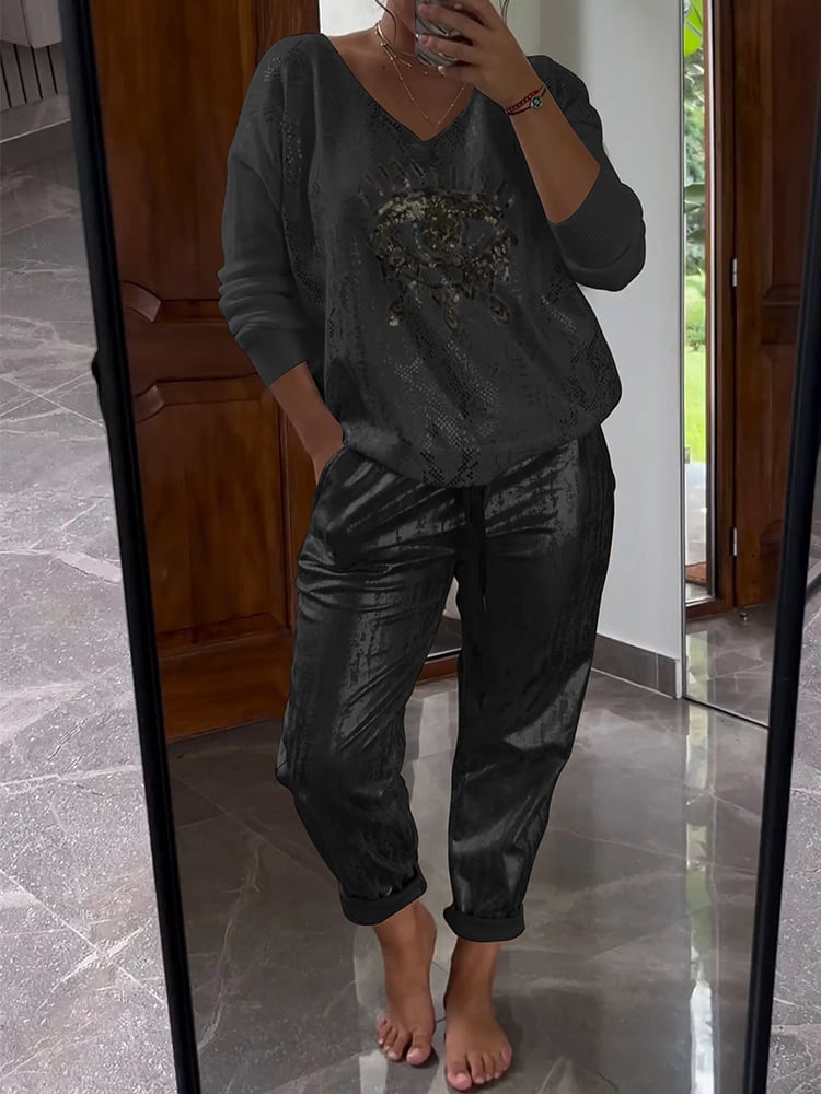Women's Blouse and Pants Set | Glittering Shine & V-Neck Style