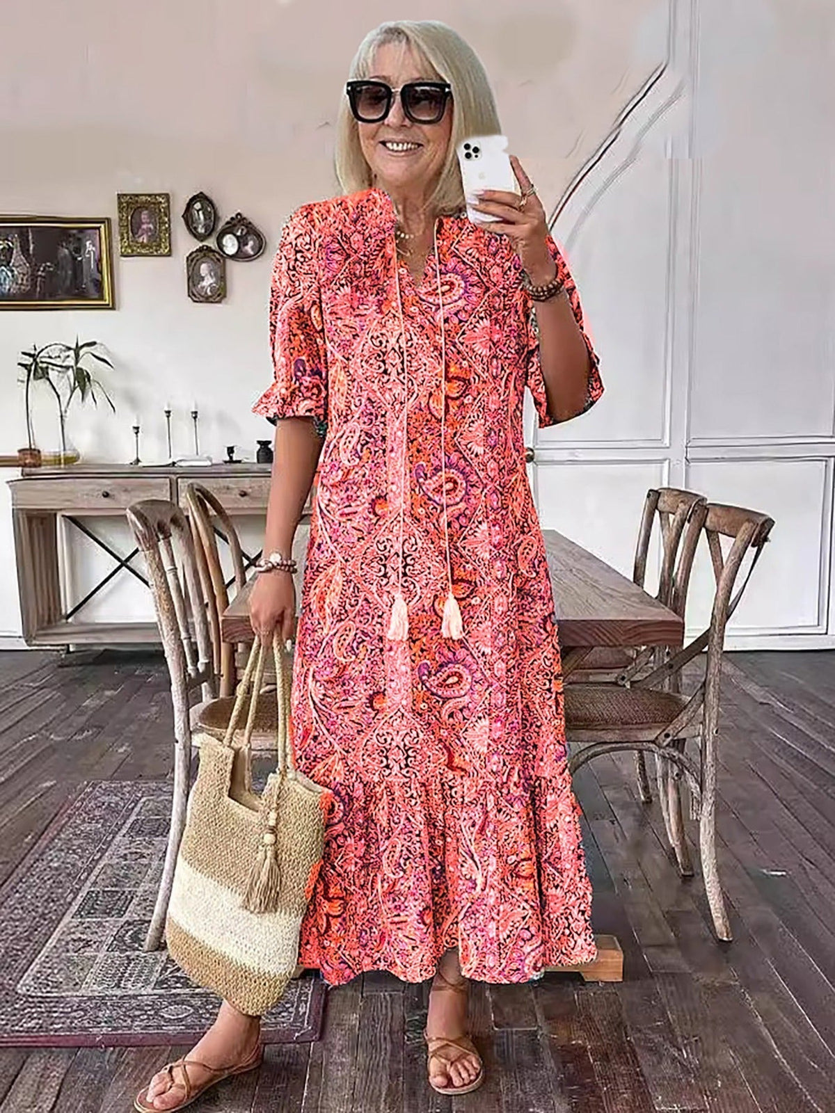 Women's Boho Maxi Dress - Cotton - Tiered Skirt - Lace-Up Front
