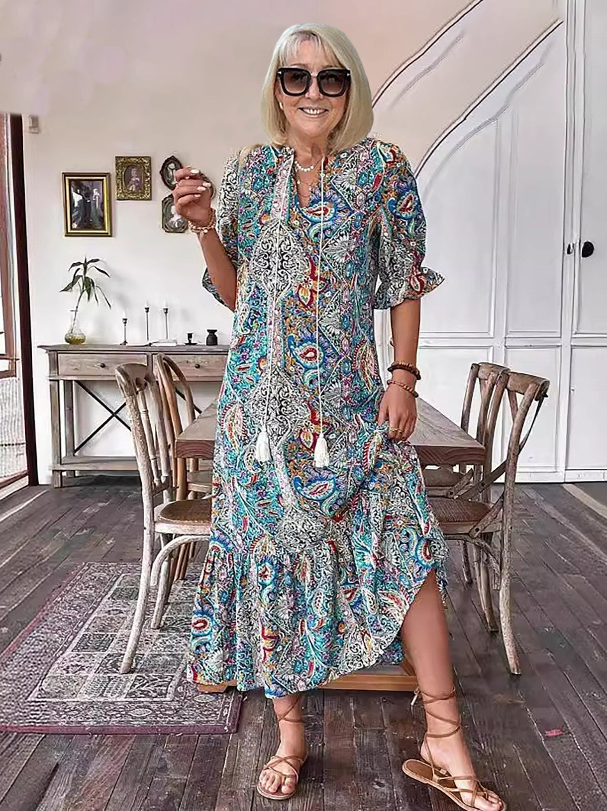 Women's Boho Maxi Dress - Cotton - Tiered Skirt - Lace-Up Front