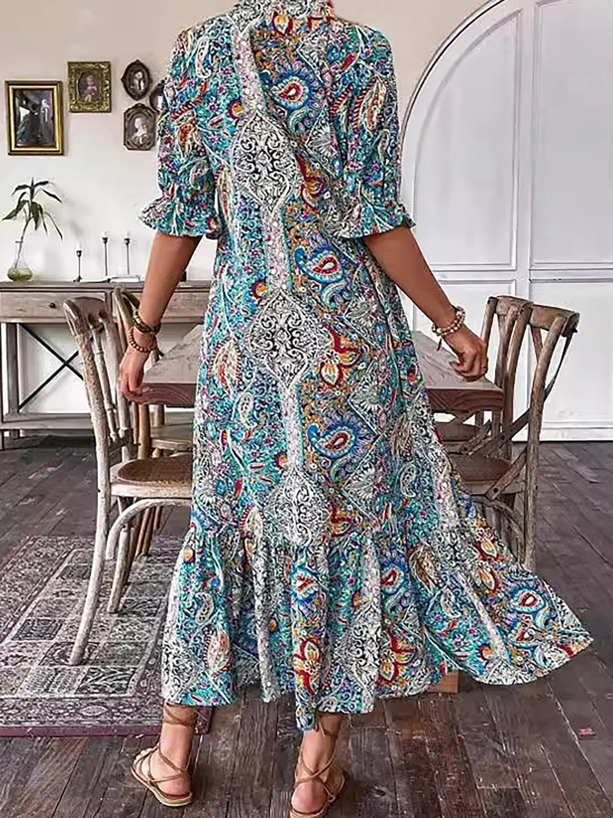 Women's Boho Maxi Dress - Cotton - Tiered Skirt - Lace-Up Front