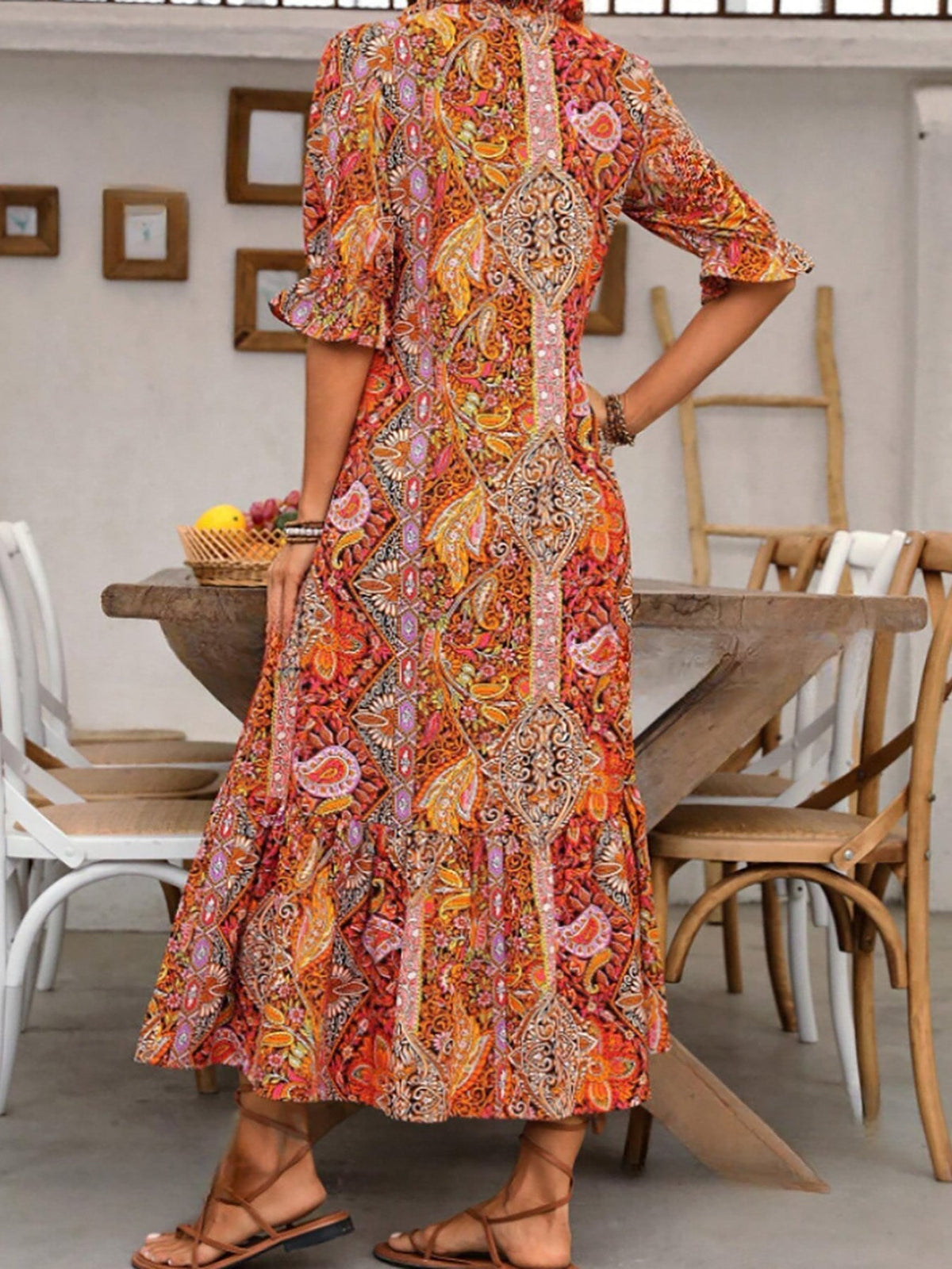 Women's Boho Maxi Dress - Cotton - Tiered Skirt - Lace-Up Front
