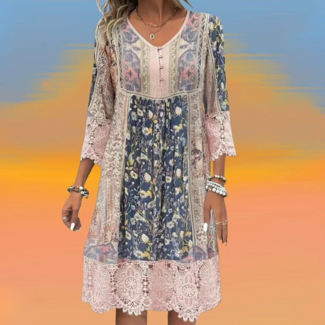 Women's Boho Midi Dress - V-Neck, Relaxed Fit Summer Style - Button Closure - Floral - Lace Accents