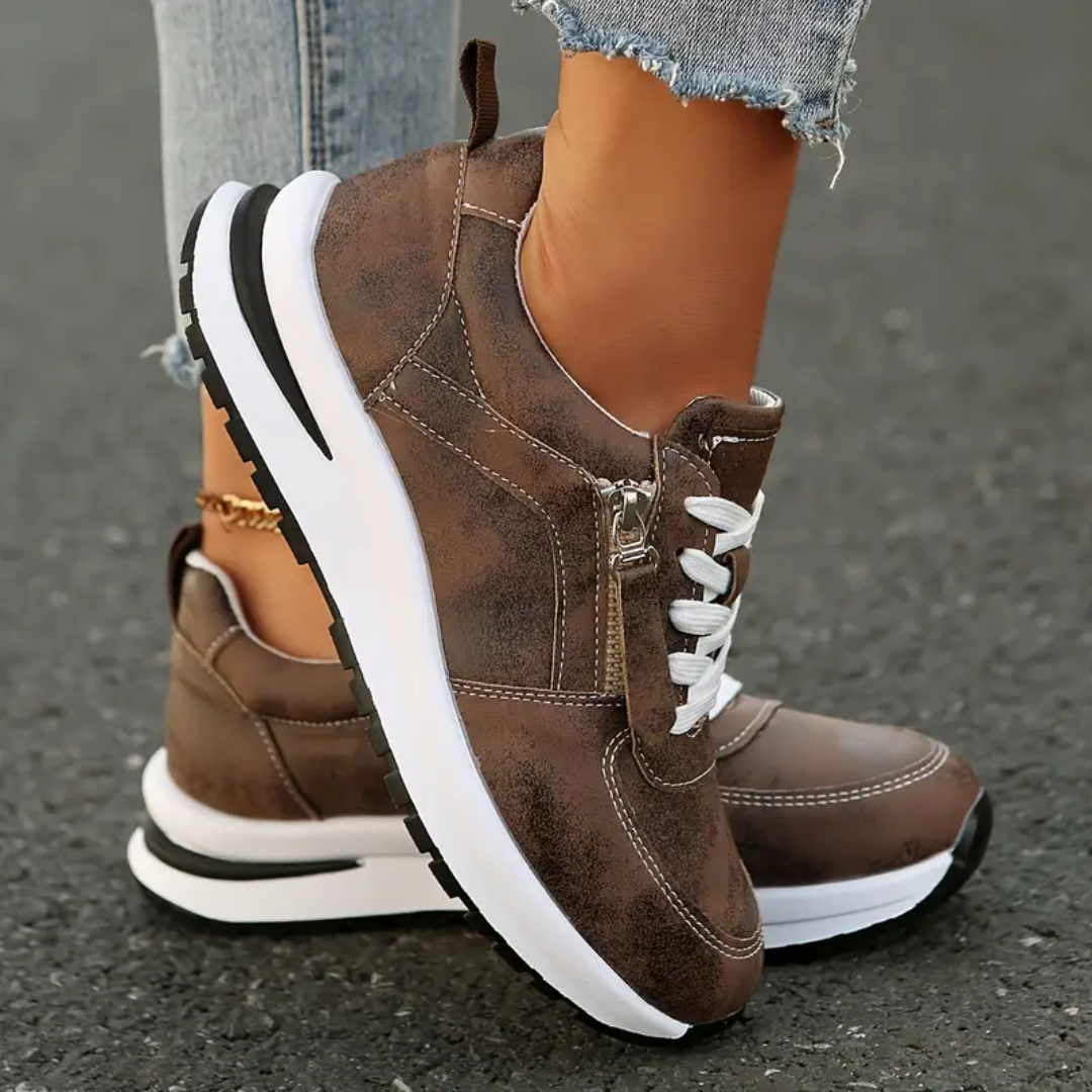 Women's Casual Shoes - Vegan Leather - Side Zipper - Lace-Up - Chunky Sole
