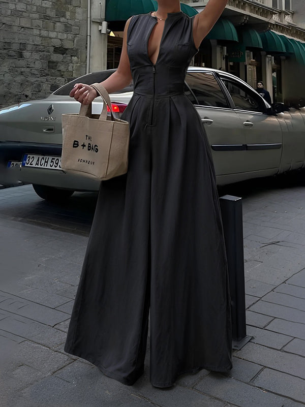 Women's Chic Sleeveless Wide-Leg Jumpsuit - Zip-Front - Pockets