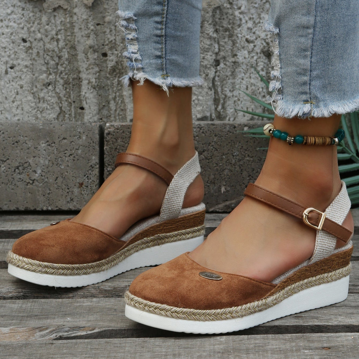Women's Closed-Toe Platform Espadrilles - Cloth - Adjustable Ankle Strap