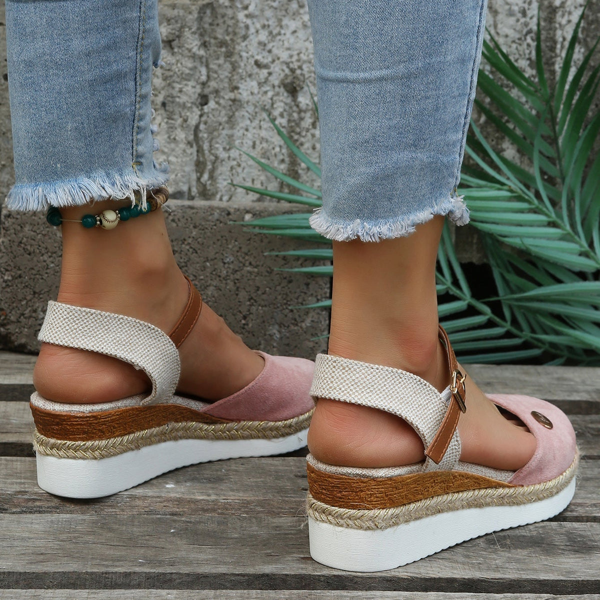 Women's Closed-Toe Platform Espadrilles - Cloth - Adjustable Ankle Strap