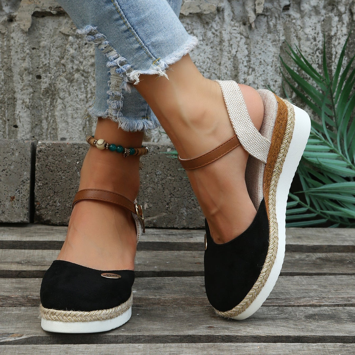 Women's Closed-Toe Platform Espadrilles - Cloth - Adjustable Ankle Strap