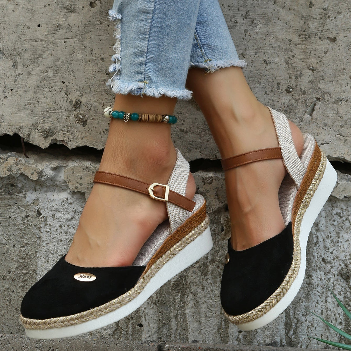 Women's Closed-Toe Platform Espadrilles - Cloth - Adjustable Ankle Strap