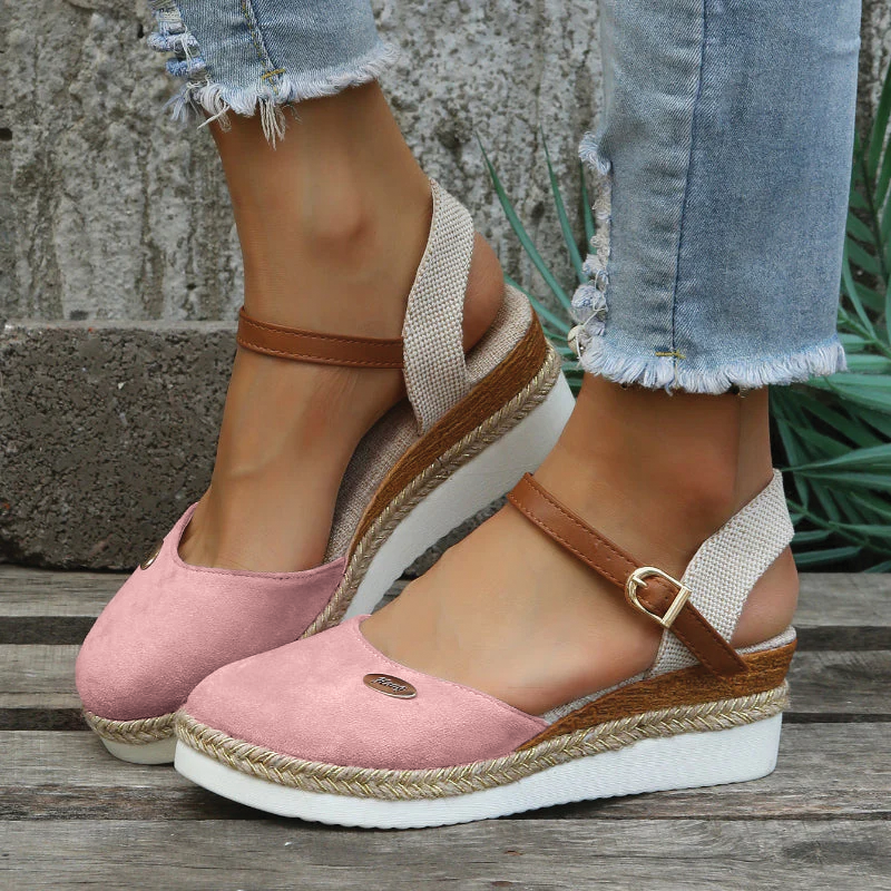 Women's Closed-Toe Platform Espadrilles - Cloth - Adjustable Ankle Strap