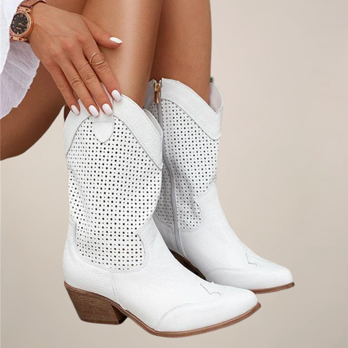 Women's Cowgirl Boots - Perforated Mid-Calf - Pull-On Tabs - Block Heel