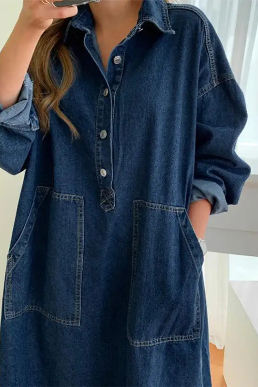 Women's Denim Maxi Dress - Plus-Size Fit - Structured Collar - Front Pockets - Side Slits