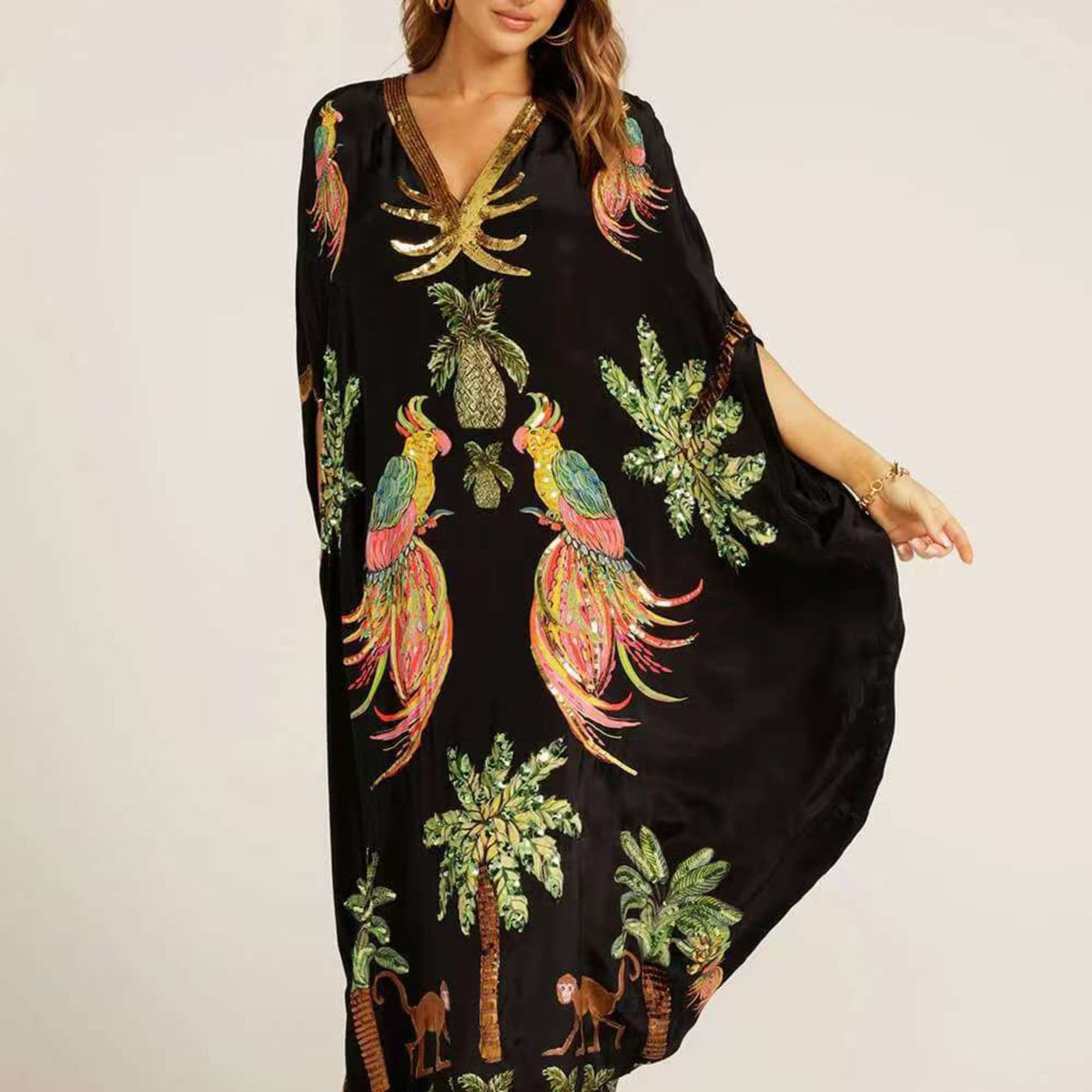 Women's Dress - Loose Fit - Ankle-Length - V-Neck - Tropical Print