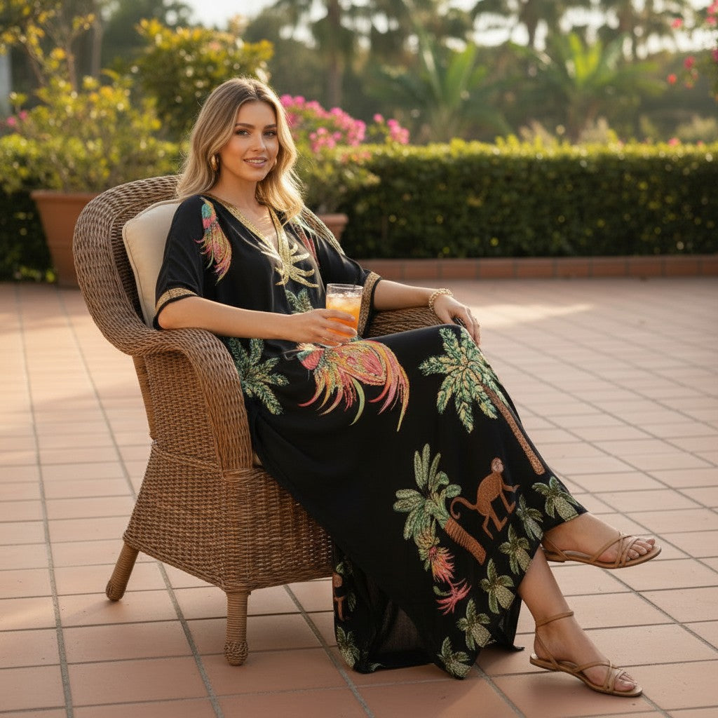 Women's Dress - Loose Fit - Ankle-Length - V-Neck - Tropical Print