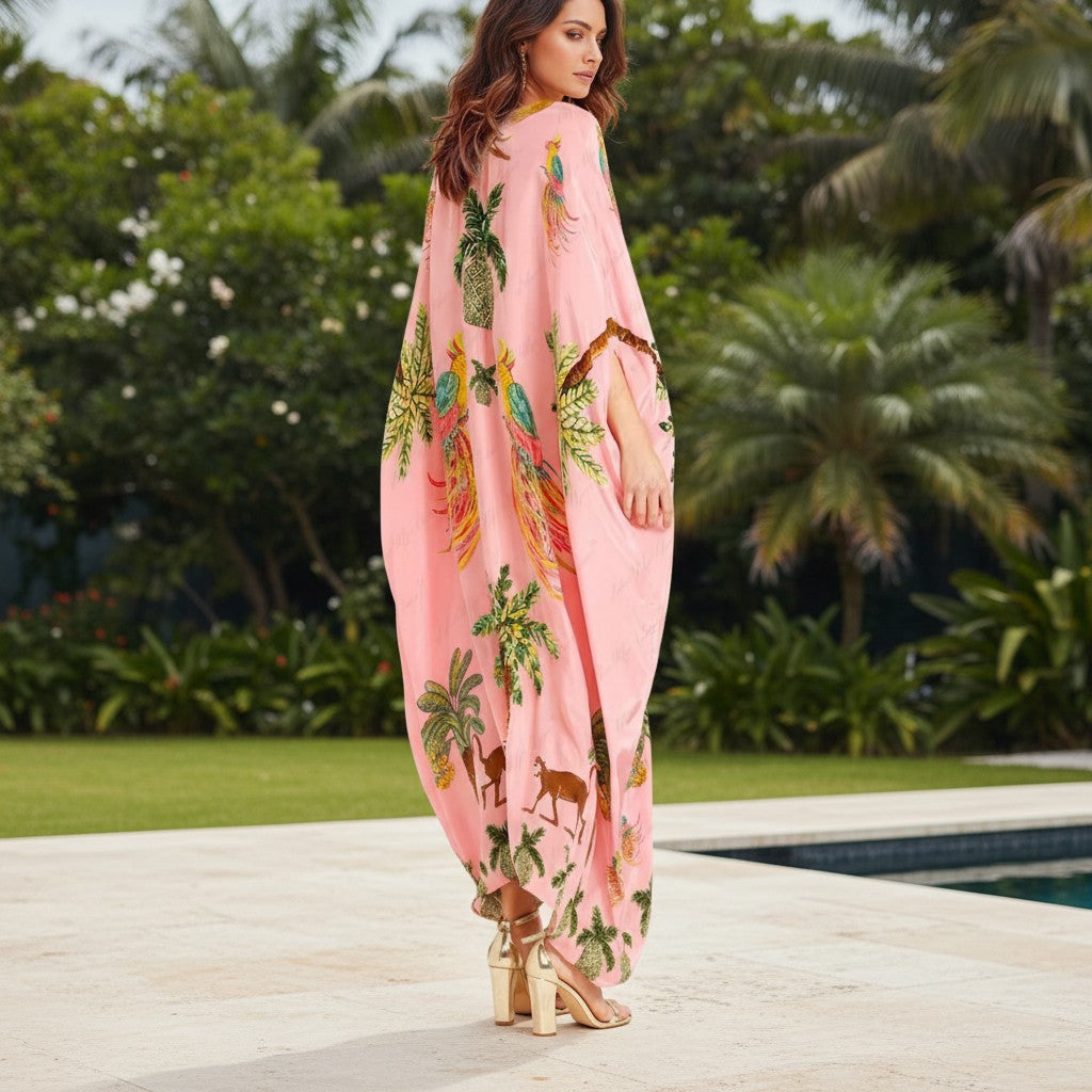 Women's Dress - Loose Fit - Ankle-Length - V-Neck - Tropical Print