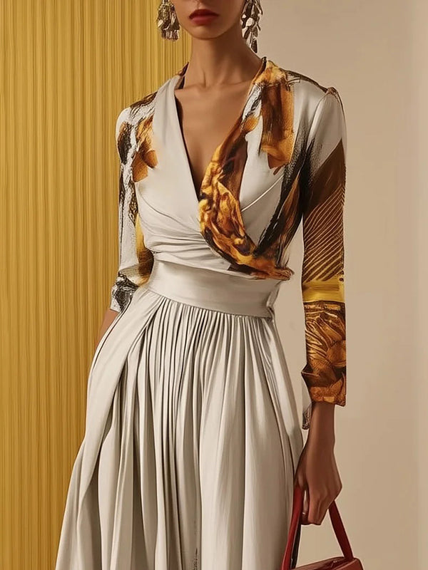 Women's Elegant Flowy Wide-Leg Jumpsuit - V-Neck - Long Sleeve - Printed