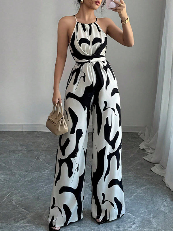 Women's Elegant Wide-Leg Jumpsuit - Halter Neck - Self-Tie Waist - Printed