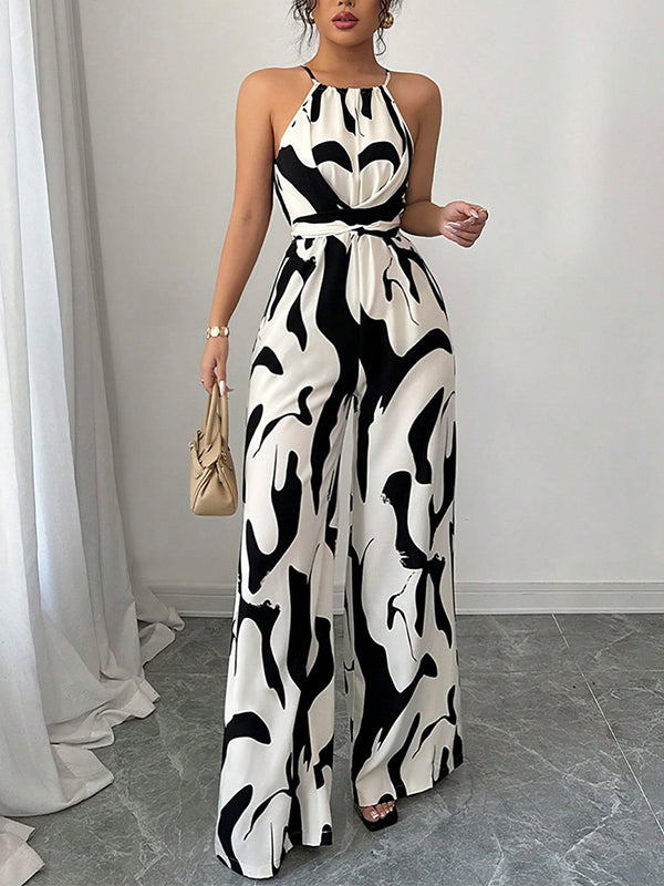 Women's Elegant Wide-Leg Jumpsuit - Halter Neck - Self-Tie Waist - Printed